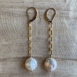 P U R P O S E | Pearl and Paperclip Chain Gold Filled Earrings | Gold Coin Pearl Earrings | Long Pearl Gold Dangle Earrings | Fashion Pearl