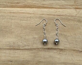 RESTORE | Gray Pearl Sterling Silver Earrings | Silver Paperclip Chain Gray Pearl Dangles | Silver Paperclip Chain Long Pearl Earrings