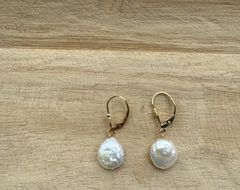 P U R P O S E | Coin Pearl Gold Filled Lever Back Earrings | Gold Coin Pearl Earrings | Gold Hoop Pearl Earrings | Minimalist Natural Pearl