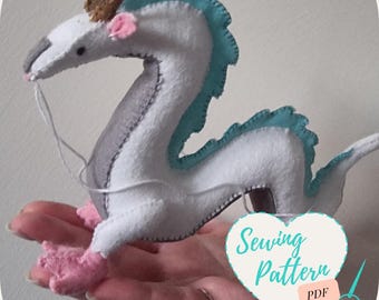 Padrão de costura de dragão ~ Pelúcia Haku inspirada na Viagem de Chihiro, modelo de pelúcia de feltro costurado à mão, faça você mesmo, download digital em PDF