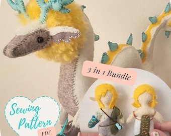 Pacote de padrões de costura TotK Light Dragon e Link 3 em 1 Boneco de pelúcia de feltro costurado à mão Brinquedo macio