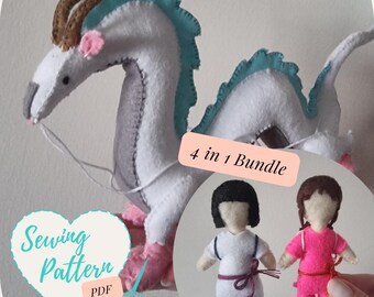Padrão de costura ~ Studio Ghibli A Viagem de Chihiro e Haku Bundle 3 em 1 ~ Pelúcia de feltro costurada à mão DIY PDF Template Download digital ~ Feito por fã