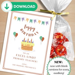 LDS Primar-, Junge Damen-, Frauenhilfsvereinigungs-Geburtstags-Geschenkanhänger, alles Gute zum Geburtstag an Excel-Lindt Lehrerin, Musikleiterin, Grundschulleiterin, Kindergarten