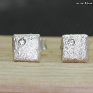 925 silver stud earrings, silver stud earrings, hammered and matted, earrings, square women's and men's stud earrings silver image 2