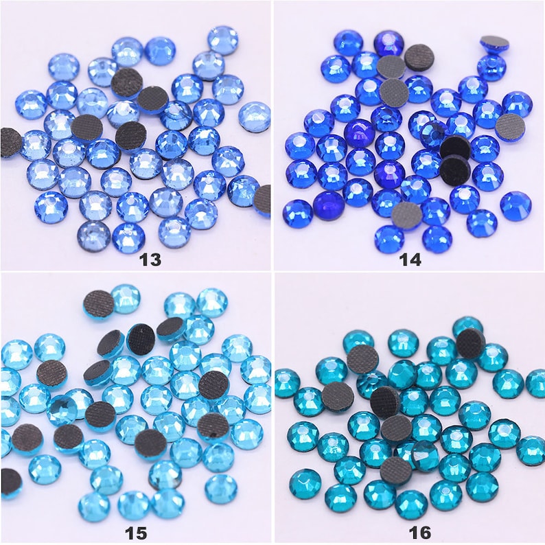May include: Assortment of four colors of rhinestones, each color in a separate square. The colors are light blue, dark blue, turquoise, and teal. Each square has a number underneath, 13, 14, 15, and 16.