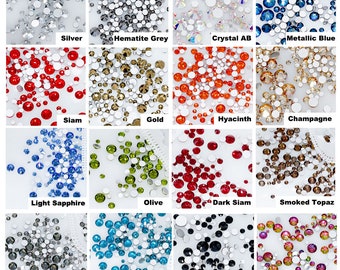 May include: Assortment of 16 colors of round rhinestones, including silver, hematite grey, crystal AB, metallic blue, siam, gold, hyacinth, champagne, light sapphire, olive, dark siam, smoked topaz, black diamond, blue zircon, jet, and rainbow.