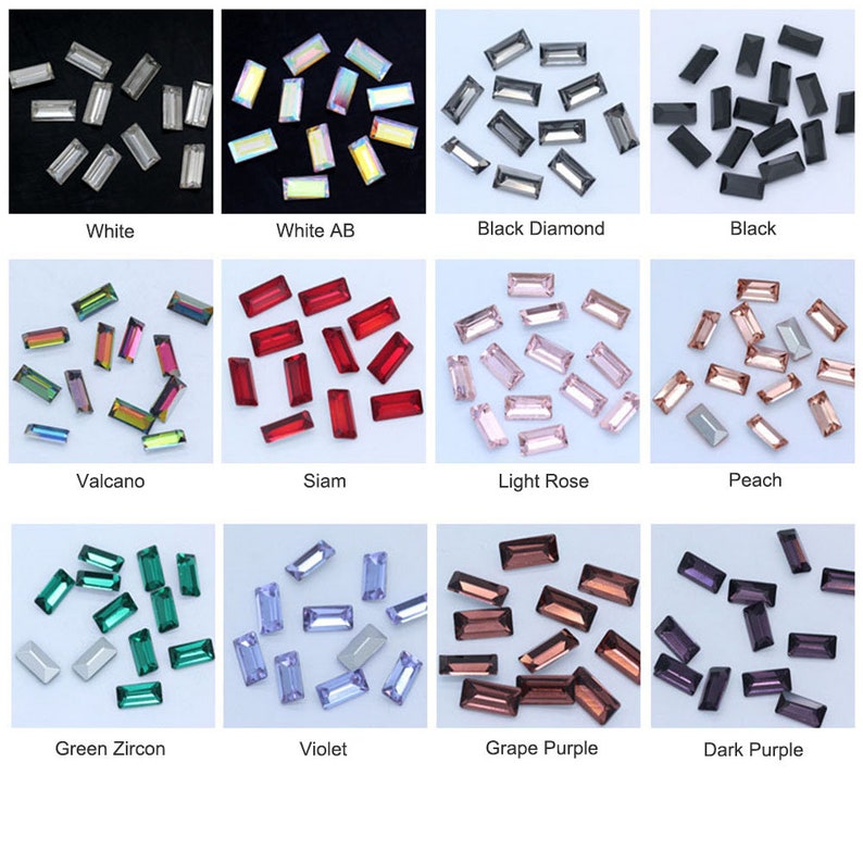 May include: Assortment of 12 colors of rectangular shaped rhinestones. Colors include white, white AB, black diamond, black, volcano, Siam, light rose, peach, green zircon, violet, grape purple, and dark purple.