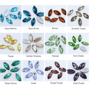 Navette 6 x 12 mm, 4 x 8 mm strass, cristaux au dos pointu, perles de verre marquise, pierres fantaisie, embellissements