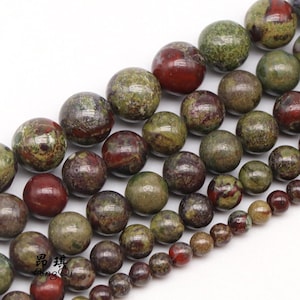 Dragon Blood Stone Smooth Round Beads Blood Jasper Green Gemstone Beads For Jewelry Making 4mm 6mm 8mm 10mm 12mm 15.5&quot; Strand