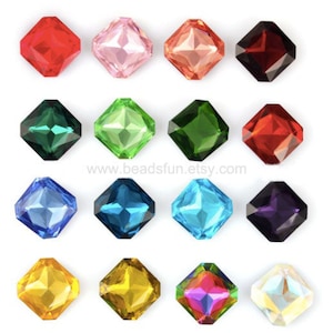 May include: Assortment of 16 square shaped glass rhinestones in various colors, including red, pink, green, blue, purple, gold, and iridescent.  www.beadsfun.etsy.com