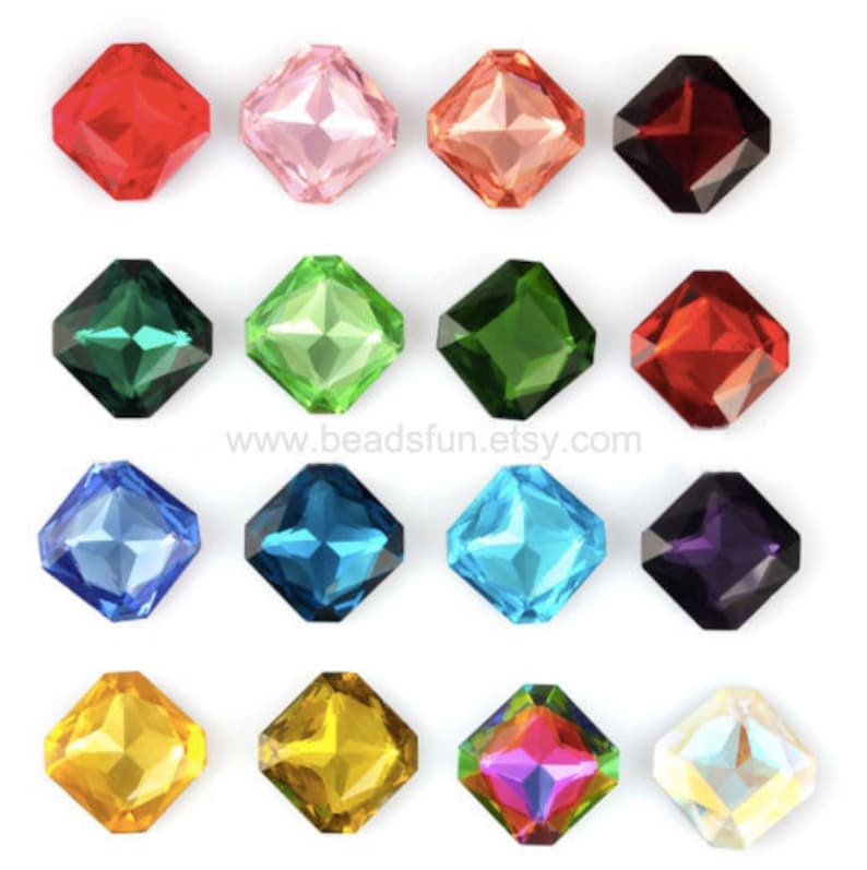 May include: Assortment of 16 square shaped glass rhinestones in various colors, including red, pink, green, blue, purple, gold, and iridescent.  www.beadsfun.etsy.com