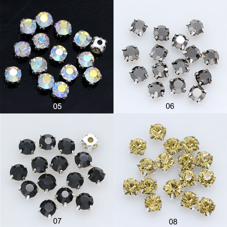 May include: Assortment of 10mm round rhinestones with silver settings. The rhinestones are available in clear, black, gray, and yellow.