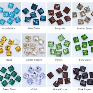 May include: Assortment of square-shaped rhinestones in various colours, including aqua marine, blue zircon, burgundy, smoked topaz, topaz, golden shadow, peridot, fern green, green zircon, violet, grape purple, and dark purple.