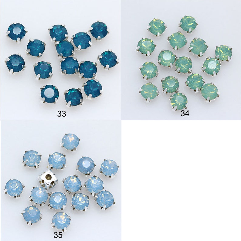 May include: Assortment of 18 round, faceted, glass rhinestones in three colors: teal, light green, and light blue. The rhinestones are arranged in three groups of six, with each group labeled with a number: 33, 34, and 35.
