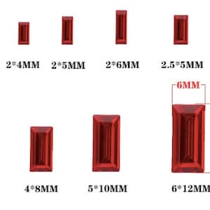 May include: Assortment of red rectangular glass gems in various sizes. The gems are arranged in two rows, with the smaller gems on top and the larger gems on the bottom. The measurements of each gem are listed below it.