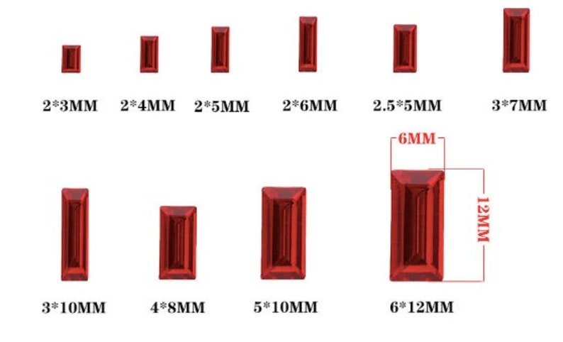 May include: Assortment of red rectangular glass gems in various sizes. The gems are arranged in two rows, with the smaller gems on top and the larger gems on the bottom. The measurements of each gem are listed below it.