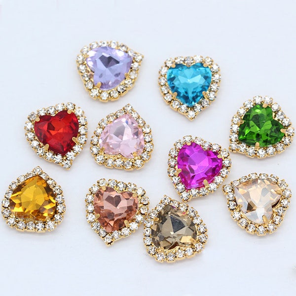 Sweet Heart Crystals Sew on Button Flat Back Rhinestone Bling Embellishments 10mm 12mm 14mm 18mm Heart Gems Pave Cabochon