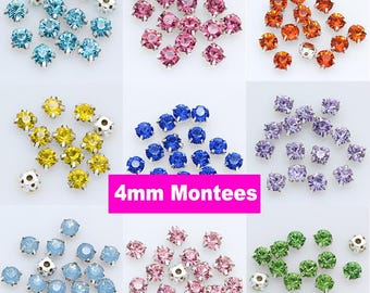 4mm Crystal Rhinestone Montees: Sew On Beads, Silver Setting (100pcs)