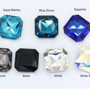 May include: Assortment of eight square-shaped glass rhinestones in various colors, including aqua marine, blue zircon, sapphire, black diamond, black, white, and white AB.