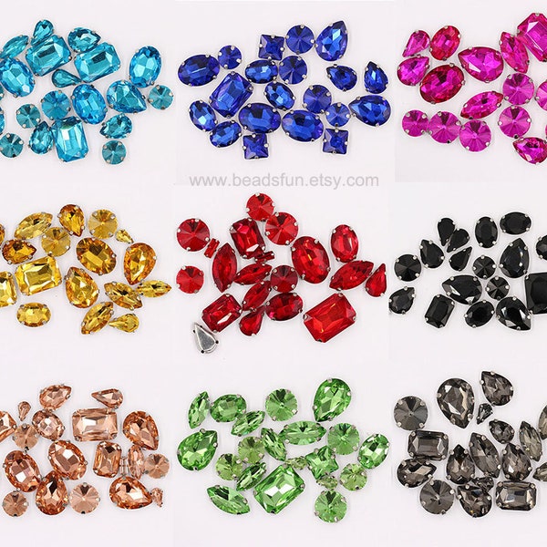 Mixed Sew On Rhinestones Sew On Crystal Glass Beads Costume Decor Bling Embellishment 8-18mm Gems Mixed Shape Pack