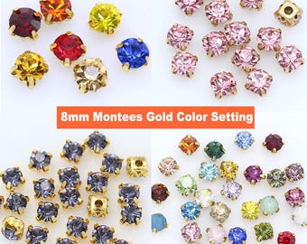 8mm Sew On Rhinestones: Crystal Chatons with Gold Setting
