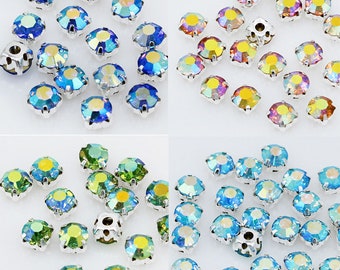 Piedras de cristal AB para coser: Montes brillantes, engaste plateado