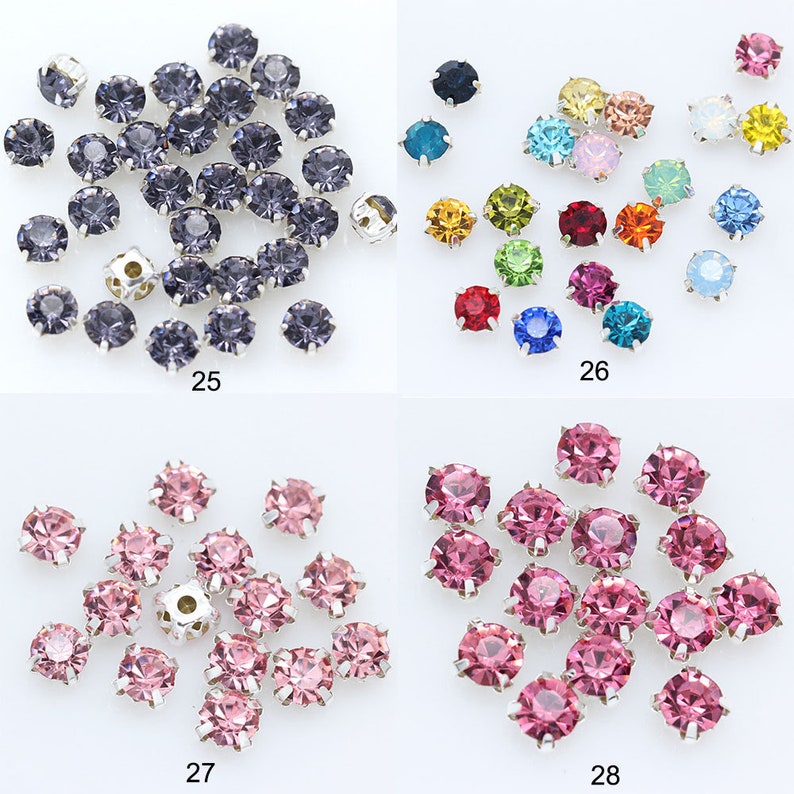 May include: Assortment of small, round, silver-toned rhinestones with various colored crystals. The rhinestones are arranged in four groups, each with a different color: purple, rainbow, pink, and pink.