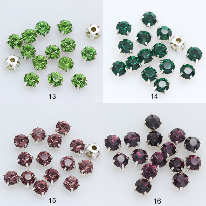 May include: Assortment of green, purple, and silver rhinestones. The rhinestones are arranged in groups of 12 to 15 on a white background. The rhinestones are approximately 6mm in diameter.