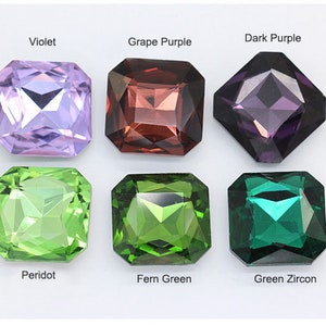 May include: Six square-shaped gemstones in different colors: violet, grape purple, dark purple, peridot, fern green, and green zircon.