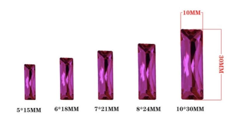 May include: Five different sizes of pink rectangular glass rhinestones. The rhinestones are arranged in a row from smallest to largest. The measurements of each rhinestone are listed below each one: 5 x 15 mm, 6 x 18 mm, 7 x 21 mm, 8 x 24 mm, and 10 x 30 mm.