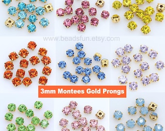 Diamantes de imitación para coser de 3 mm: gemas de cristal redondas con engaste dorado