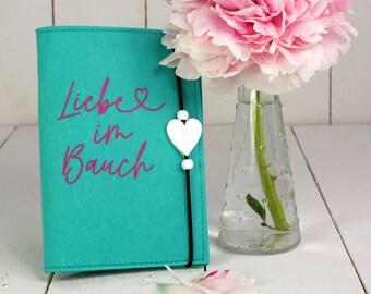 Mother's passport cover love in the stomach, turquoise, felt with heart, mother's passport