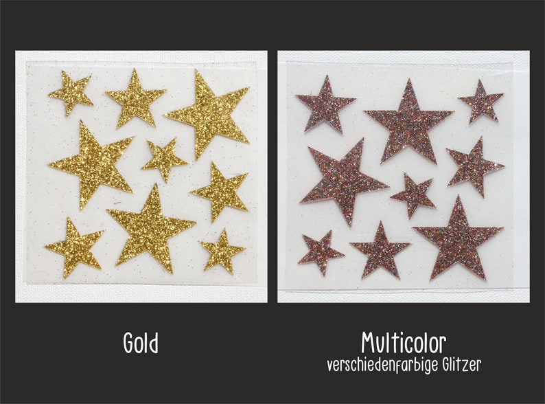 Op de afbeelding: Twee vellen met gouden en veelkleurige glitterster stickers. Het gouden vel heeft 10 gouden glittersterren. Het veelkleurige vel heeft 10 sterren met een mix van roze, rode en gouden glitter.