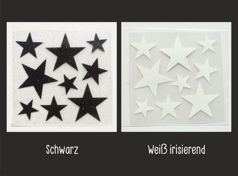 Op de afbeelding: Twee vellen met zwarte en witte glitterster stickers. Het linker vel heeft zwarte glittersterren op een witte achtergrond. Het rechter vel heeft witte glittersterren op een witte achtergrond. De tekst "Schwarz" staat onder het linker vel en "Wei&szlig; irisierend" staat onder het rechter vel.