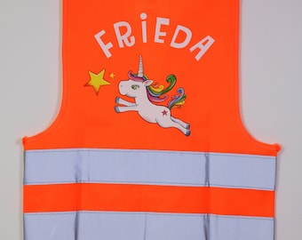 Warning vest child with desired name unicorn rainbow and star, front and back printed children safety vest signal vest girl