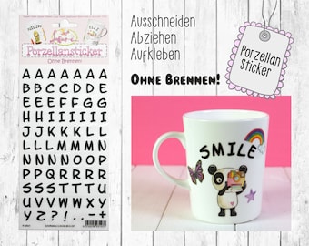 Porzellanaufkleber Buchstaben Schwarz 1 Blatt Aufkleber Tassenaufkleber Tassensticker Kindergeburtstag