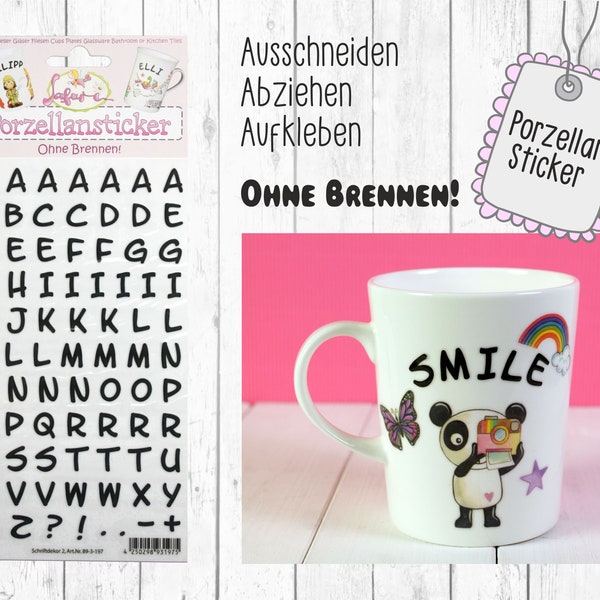 Porzellanaufkleber Buchstaben Schwarz 1 Blatt Aufkleber Tassenaufkleber Tassensticker Kindergeburtstag