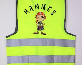 Children's warning vest in neon yellow with desired name, pirate, pirate ship, saber, printed on the front and back