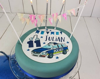 Tortenaufleger Polizeiauto Fondant Tortenbild Geburtstag Personalisiert Wunschname und Zahl Vorgestanzt 20 cm