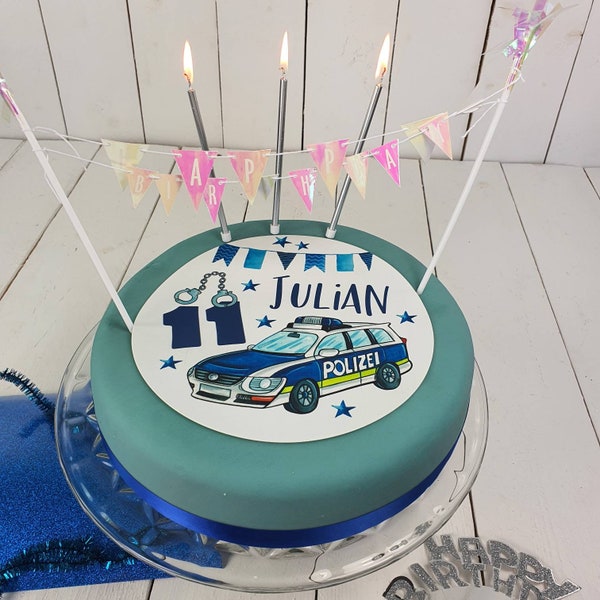 Tortenaufleger Polizeiauto Fondant Tortenbild Geburtstag Personalisiert Wunschname und Zahl Vorgestanzt 20 cm