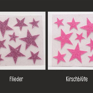 Op de afbeelding: Twee vellen met roze glitterster stickers. Het vel links heeft het woord "Flieder" eronder gedrukt. Het vel rechts heeft het woord "Kirschbl&uuml;te" eronder gedruckt.