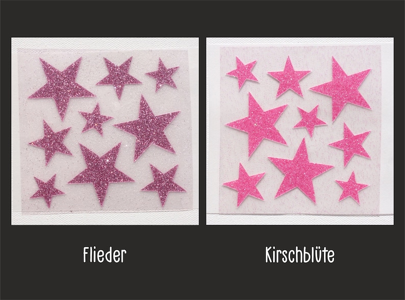 Op de afbeelding: Twee vellen met roze glitterster stickers. Het vel links heeft het woord "Flieder" eronder gedrukt. Het vel rechts heeft het woord "Kirschbl&uuml;te" eronder gedruckt.