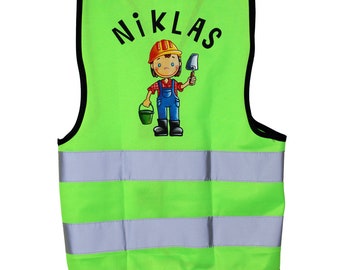 Safety vest child in signal green with desired name, construction worker, excavator