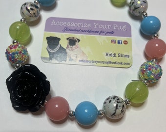 Roller Rink Beaded Flower Dog Necklace, Pink Blue Green Pet Collar Jewelry