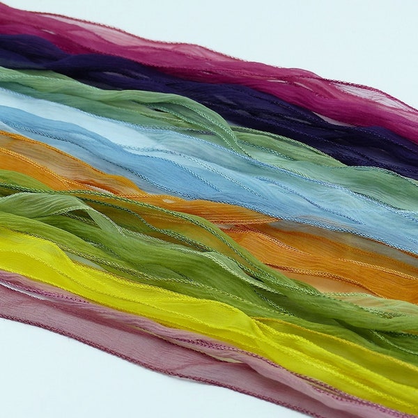 FEENSPIEL - Pflanzengefärbte Seidenbänder aus Chiffon wahlweise in hellblau, rot, grün, gelb, orange, blauviolett, rosa, weiß