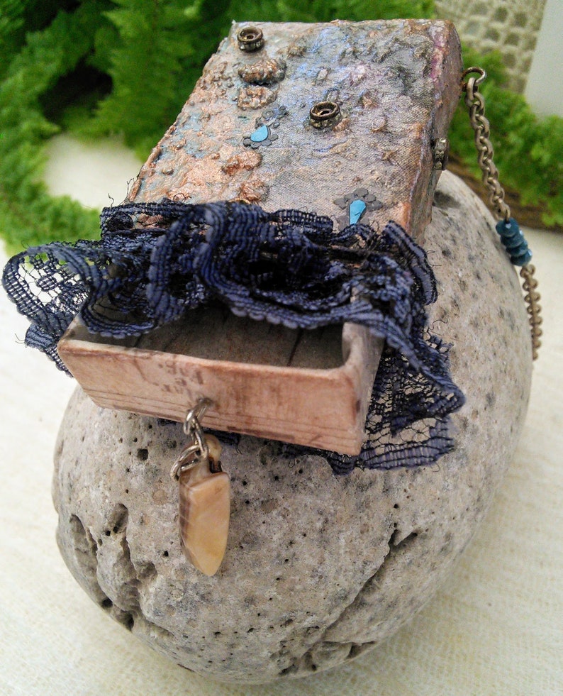 Matchbox Music Mixed Media Necklace Rice Paper Indian Bindi Blue Lace Metal Chain Turquoise Glass Beads Deco Stones Vintage Romantic Boho