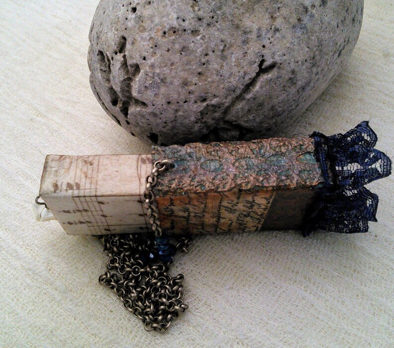 Matchbox Music Mixed Media Necklace Rice Paper Indian Bindi Blue Lace Metal Chain Turquoise Glass Beads Deco Stones Vintage Romantic Boho