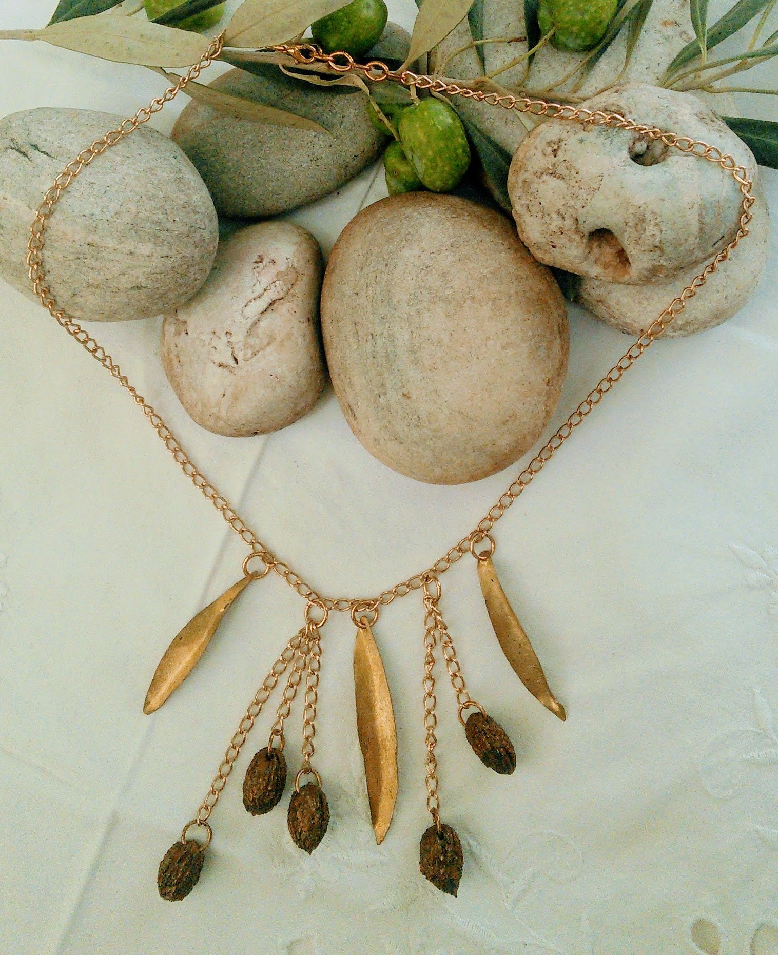 Olive Pits Necklace Bronze Leaves Handmade Antique Gold Patina Etsy UK