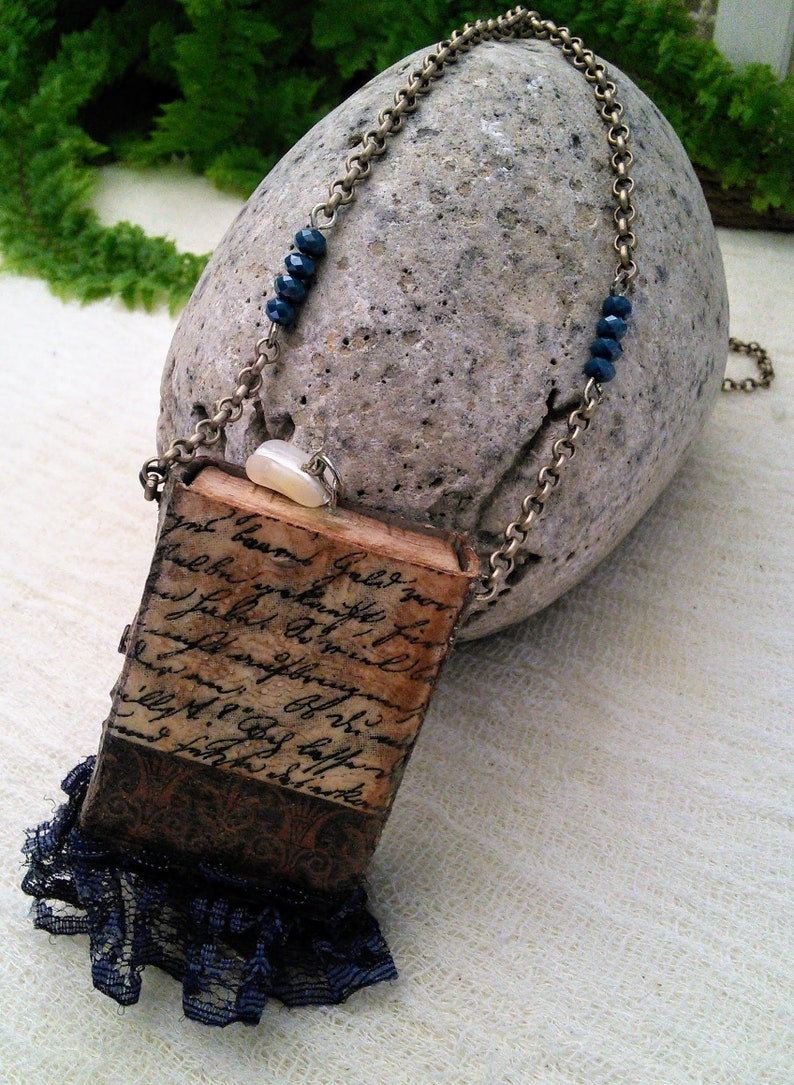 Matchbox Music Mixed Media Necklace Rice Paper Indian Bindi Blue Lace Metal Chain Turquoise Glass Beads Deco Stones Vintage Romantic Boho