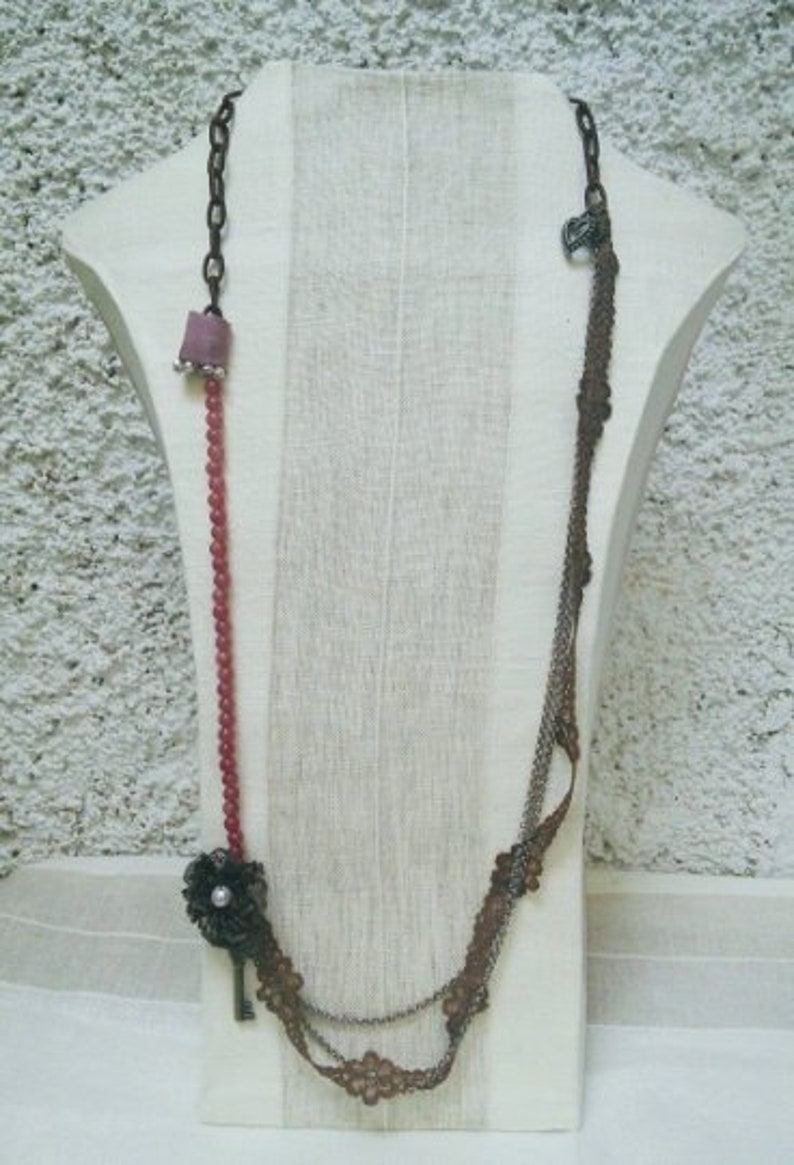 Vintage Style Necklace Romantic Lace Chain Key Pink Pearls Gift Handmade Boho Style Elegant Shabby Chic